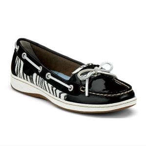 Sperry Top Sider Angelfish Black, Zebra Leather Boat Shoes. Sz 8 fit.